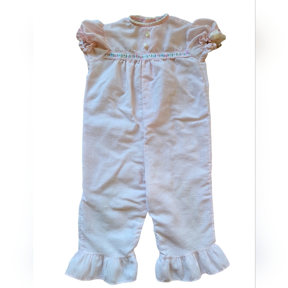 Vintage 1980s-1990s pale pastel pink lightweight linen pants romper jumpsuit